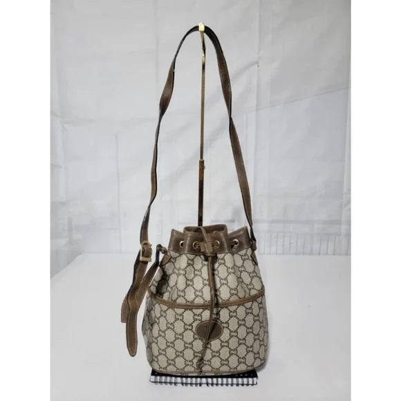 Authentic GUCCI Vintage GG Plus Shoulder Cross Drawstring Bag Beige/Brown - Picture 1 of 16